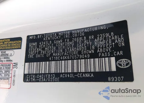 2007 Toyota Camry Le z USA, uszkodzony, nr VIN 4T1BE46K67U579049